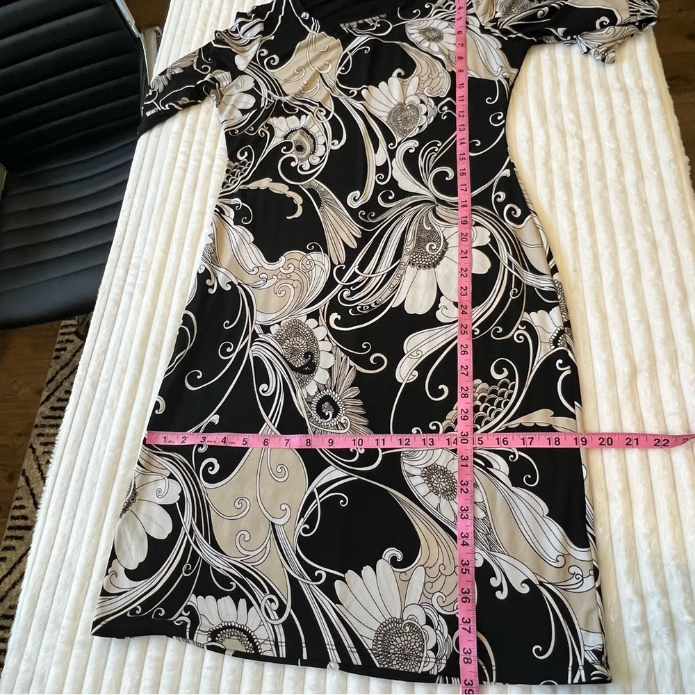 Glamour women black white tan floral midi dress trumpet sleeve round neck Sz 8 - Picture 15 of 16